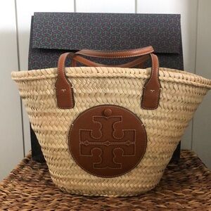 Tory Burch Ella Straw Basket Tote in Natural/Classic Curio